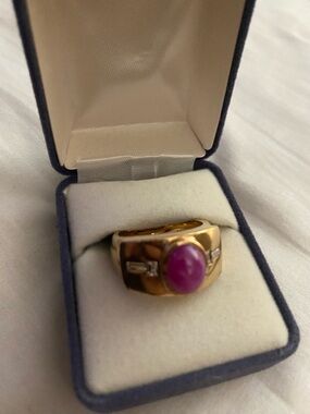 Mens Gold Ring with Pink Sapphire Center and Diamond Accents
